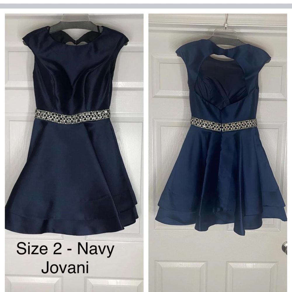 Jovani Navy Beaded-Waist Fit-and-Flare Modest Cocktail, Appearance Dress Size 2